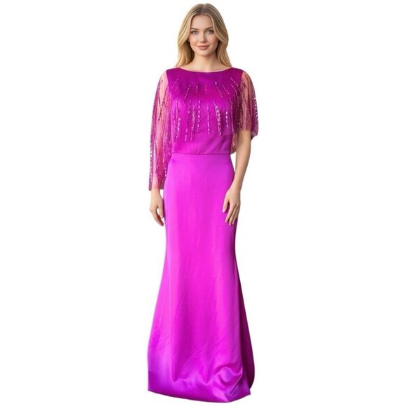 Theia Satin Sequin Cape Gown Sample 4 Magenta Pink Mother of Bride Formal - Picture 1 of 8